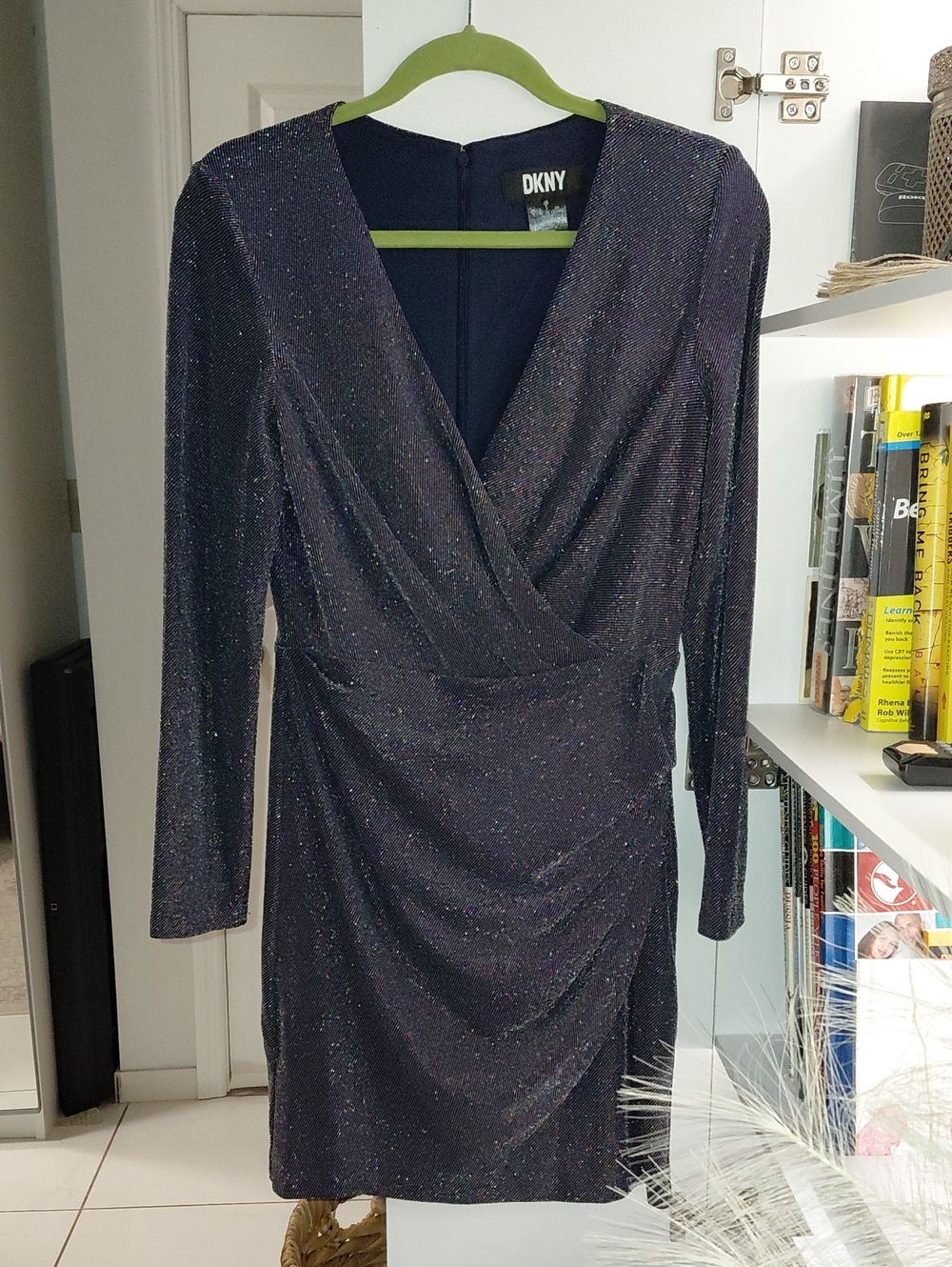 DKNY Navy Sparkle Wrap-Front Long-Sleeve Dress